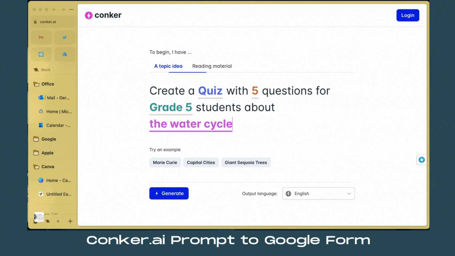 Conker.ai generating assessment questions from a prompt: Create a quiz with 5 questions for grade 5 students about the water cycle.